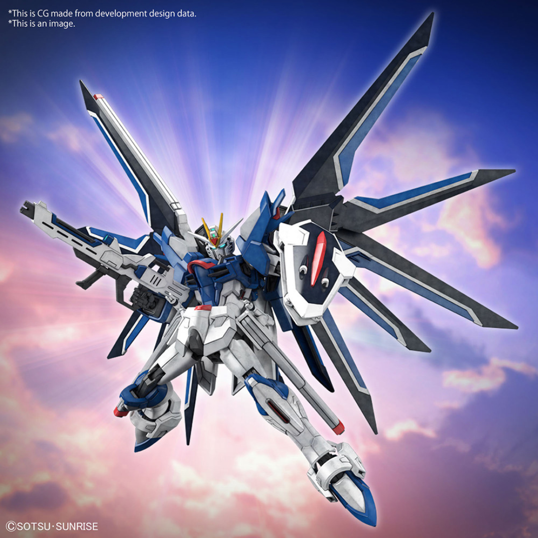 The HG Rising Freedom Gundam is is posed flying against the sky with its beam rifle and shield.