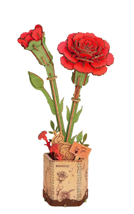 DIY Red Carnation 3D Wooden Puzzle