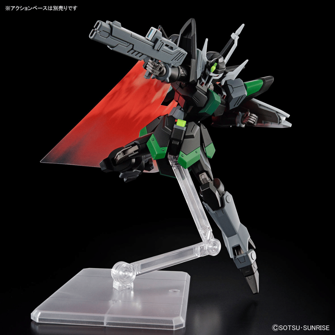 Black Knight Squad Rud-Ro A posed with a clear Action Base 6 (sold separately) using its beam rifle with beam cloak deployed.