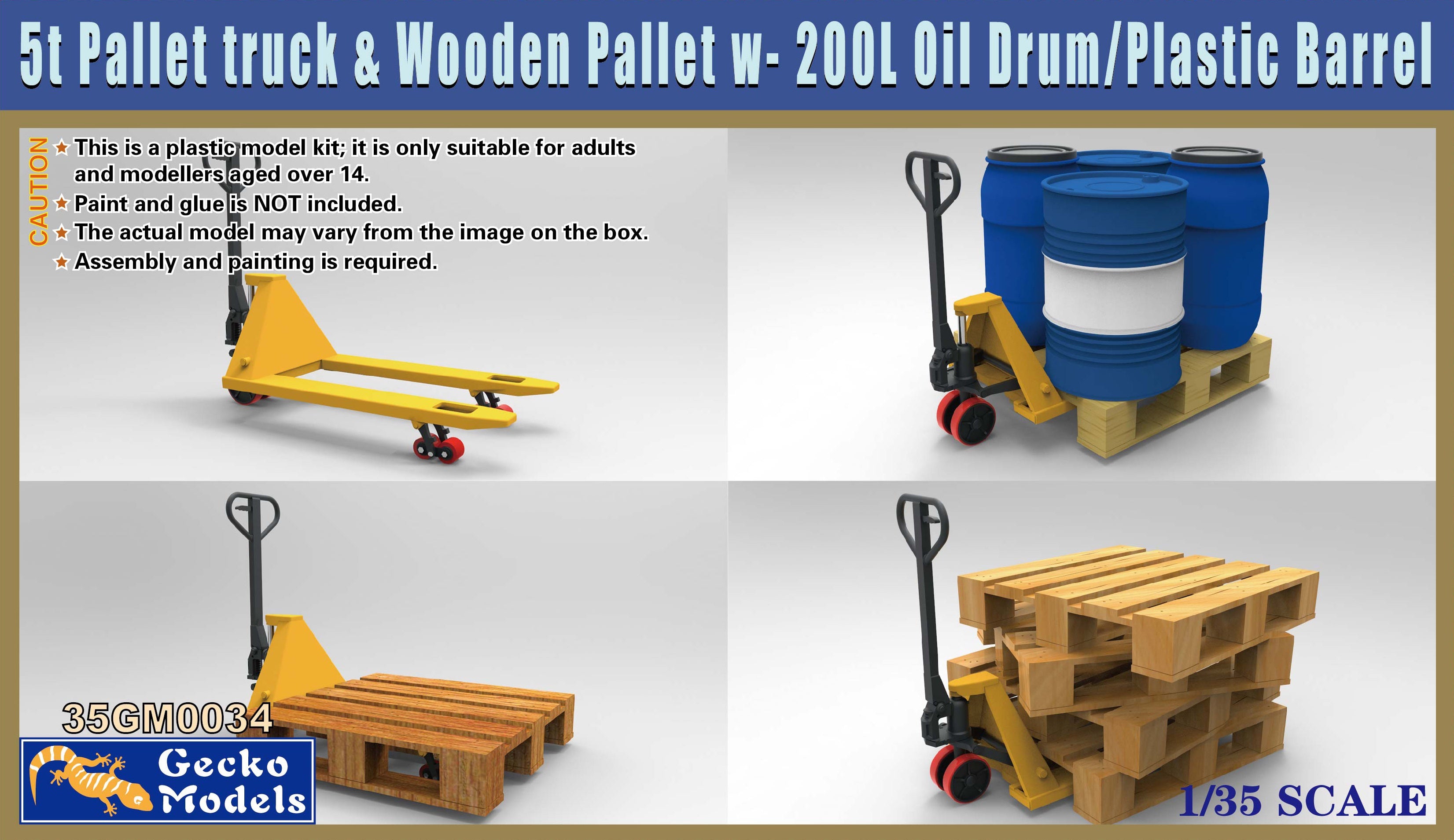 5t Pallet truck & Wooden Pallet w- 200L Oil Drum-Plastic Barrel Set 1/35 #35GM0034 by Gecko
