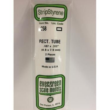 Evergreen #258 Styrene Tubes: Rectangular 2 pack 0.188" (4.8mm) x 0.312" (7.9mm) x 14" (35cm)