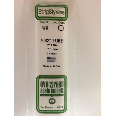 Evergreen #429 Styrene Tubes: Round 9/32" 5 pack 0.281" (7.1mm) OD x 24" (60cm)