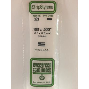 Evergreen #383 Styrene Strips: Dimensional 5 pack 0.100" (2.5mm) x 0.500" (12.7mm) x 24" (60cm)