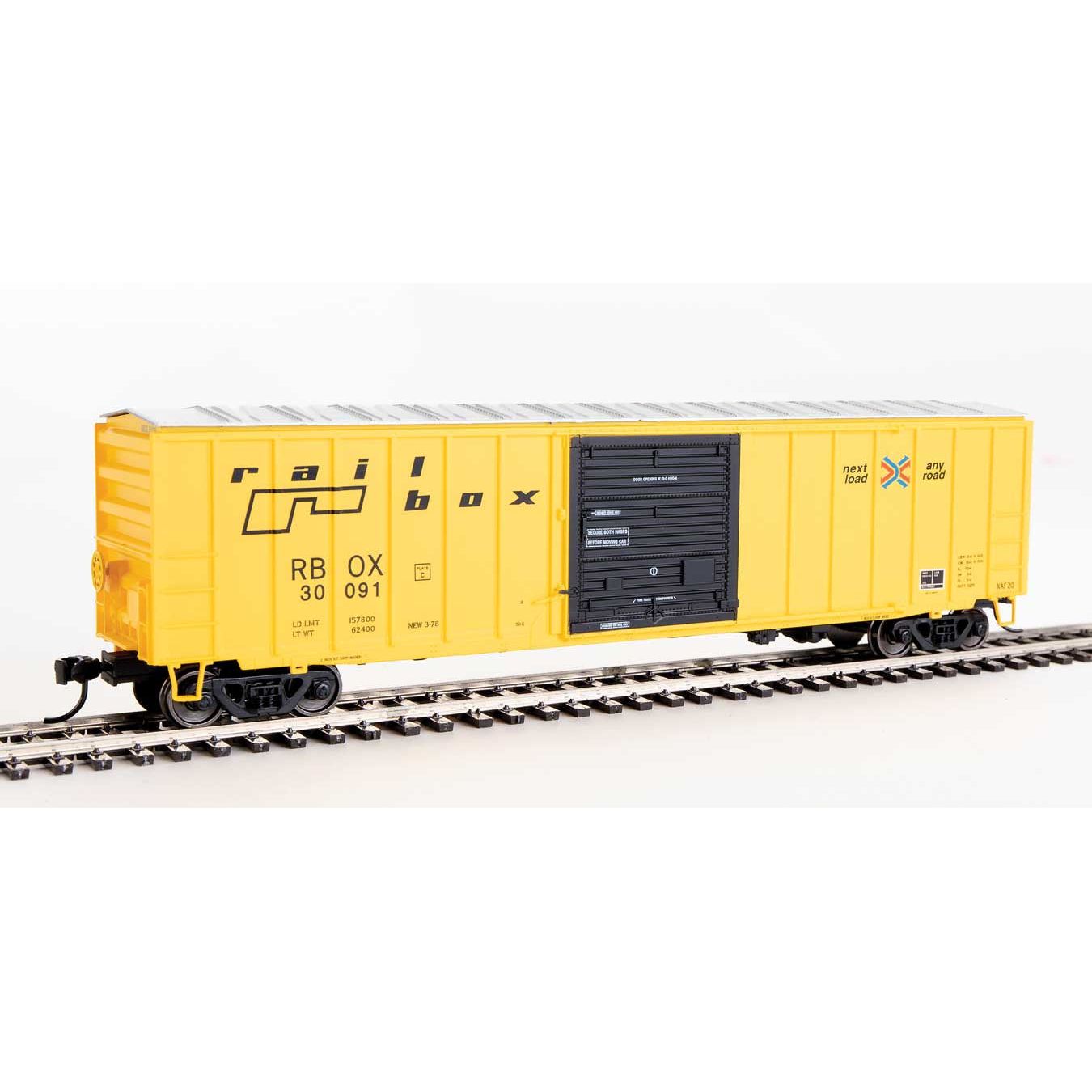 50' ACF Exterior Post Boxcar - Railbox #30091 (yellow, black door; small logo, slogan) (HO) #1864 by Walthers