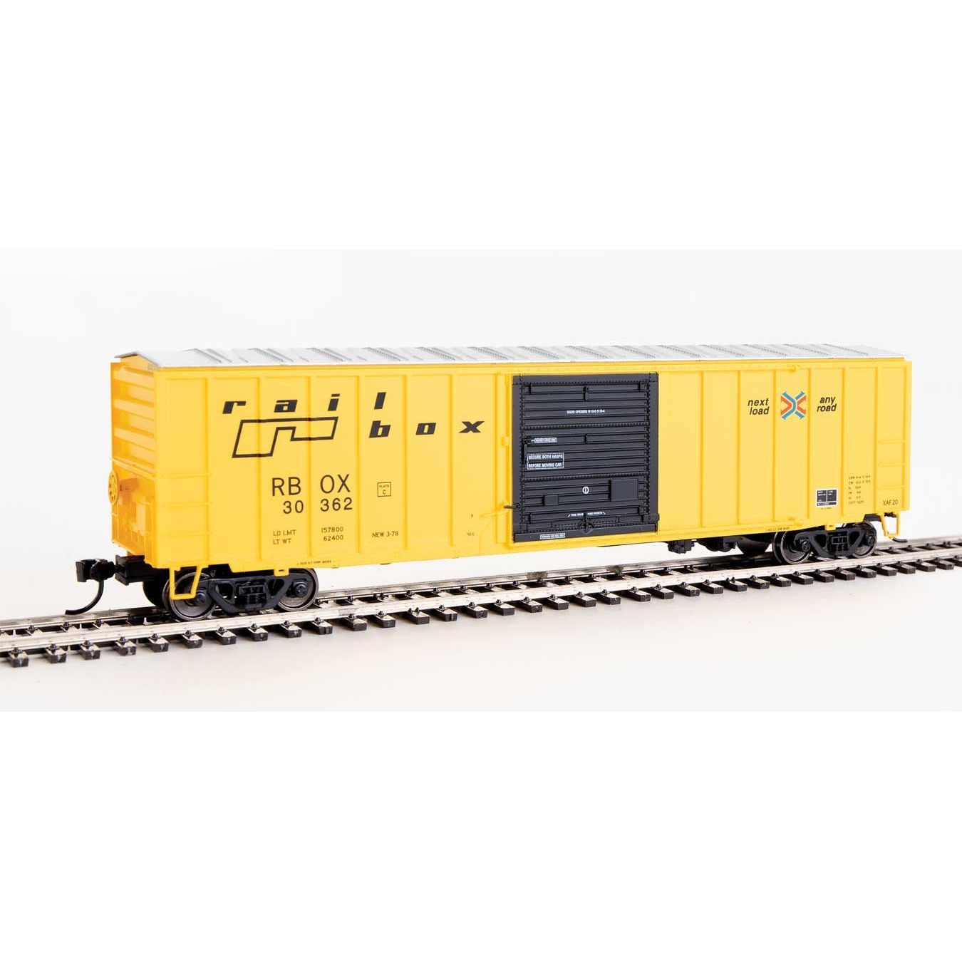 50' ACF Exterior Post Boxcar - Ready to Run -- Railbox #30362 (yellow, Black Door; Small Logo, Slogan) (HO) #1866 by Walthers