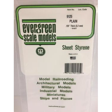 Evergreen #9125 Styrene Sheets: Plain 1 pack 0.125" (3.2mm) x 6" x 12"