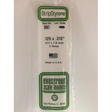 Evergreen #390 Styrene Strips: Dimensional 6 pack 0.125" (3.2mm) x 0.312" (7.9mm) x 24" (60cm)