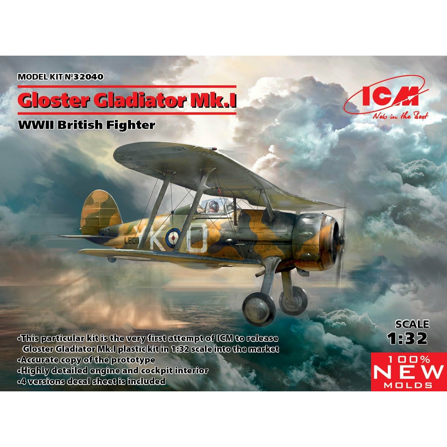 Gloster Gladiator Mk.I, WWII British Fighter (100% new molds) 1/32 #32040 by ICM