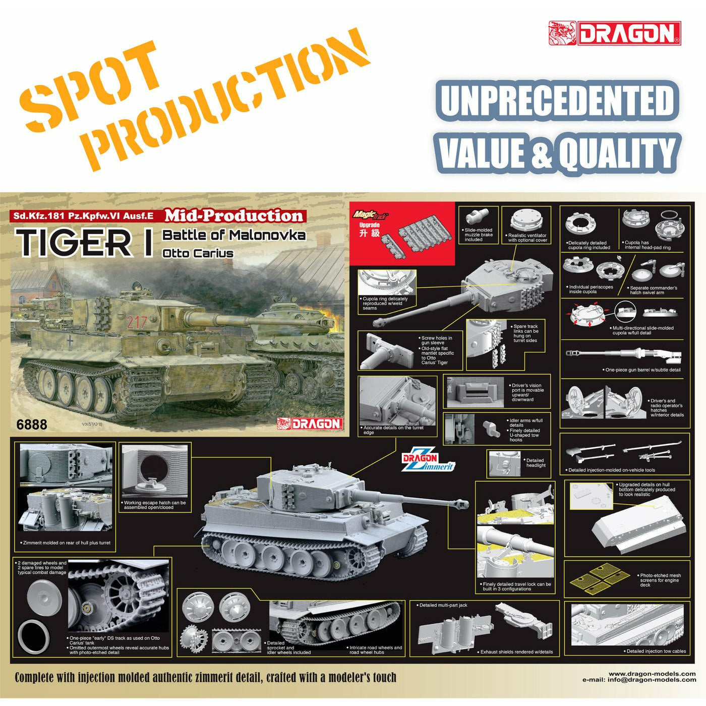 ‘39-45’ Series Sd.Kfz.181 Pz.Kpfw.VI Ausf.E Tiger I Mid-Production w/Zimmerit Battle Of Malonovka Otto Carius 1/35 #6888 by Dragon Models