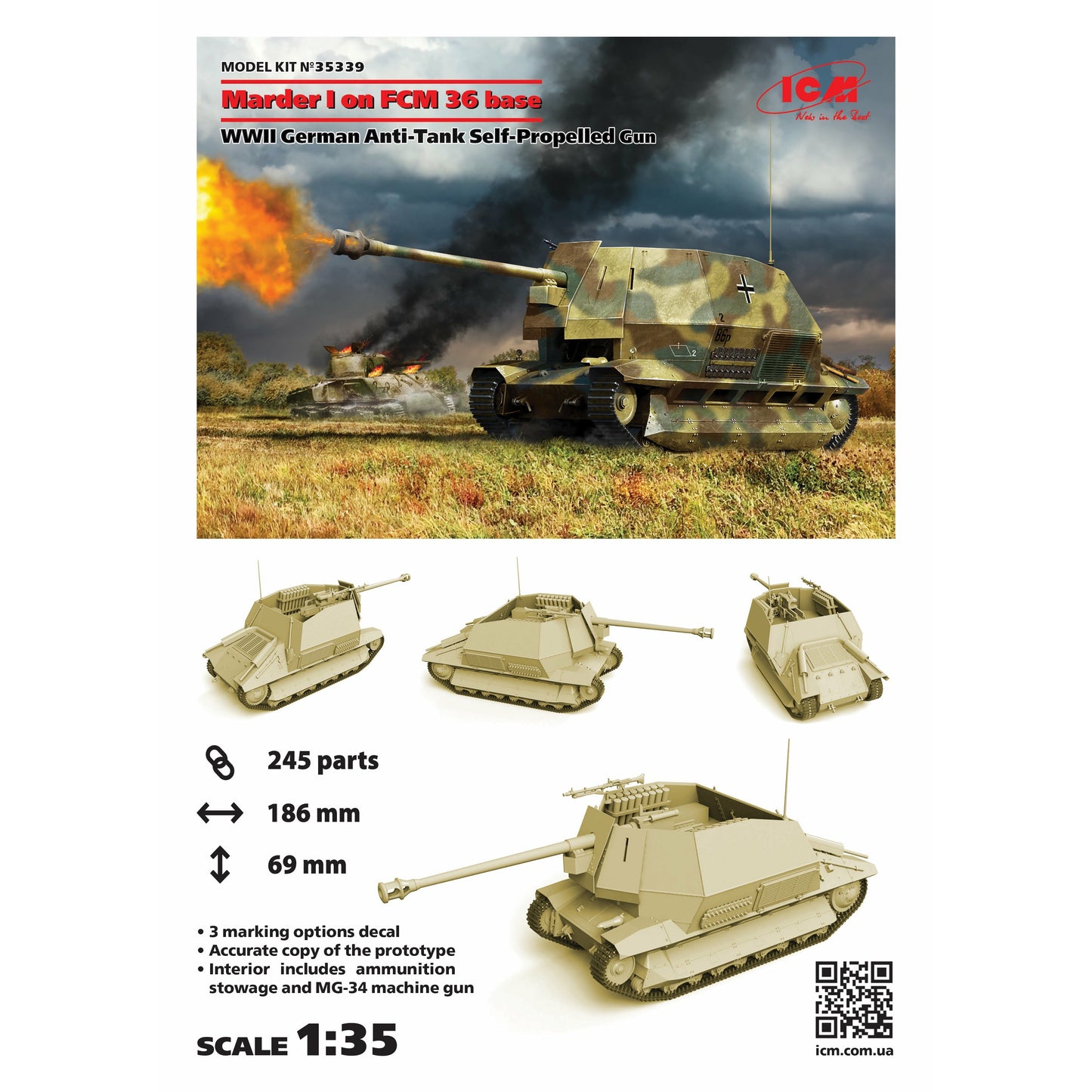 Marder I on FCM 36 Base WWII German Anti-tank Self-propelled Gun 1/35 #35339 by ICM