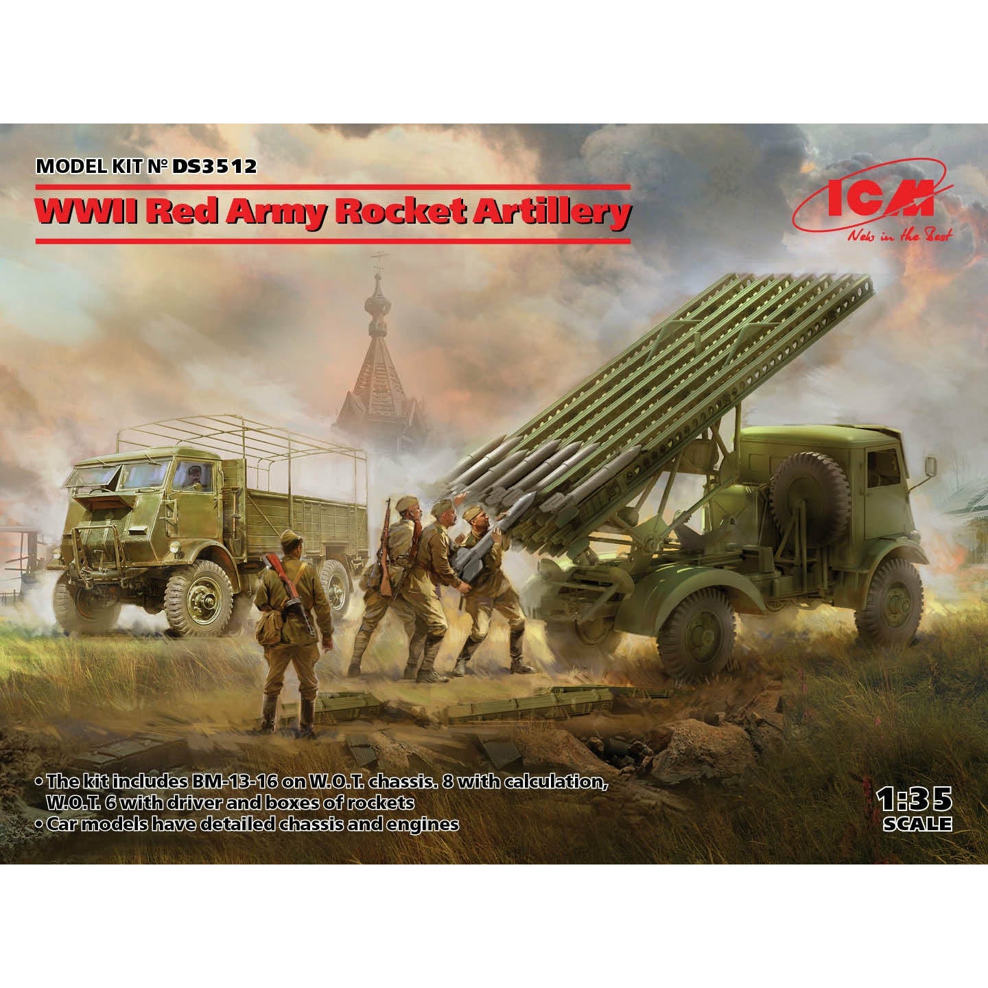 WWII Red Army Rocket Artillery (BM-13-16 on W.O.T. 8 chassis, Model W.O.T. 6, WWII Soviet BM-13-16 MLRS Vehicle Crew, RKKA Drivers (1943-1945)) 1/35 #DS3512 by ICM