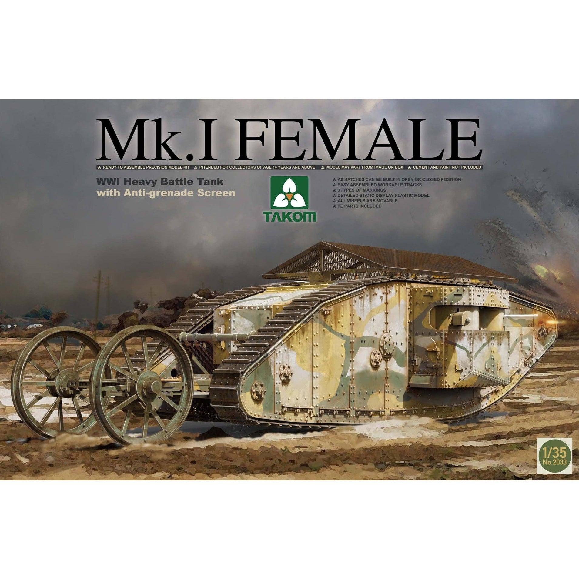 WWI Heavy Battle Tank Mk.I Female With Anti-Grenade Screen 1/35 #2033 by Takom