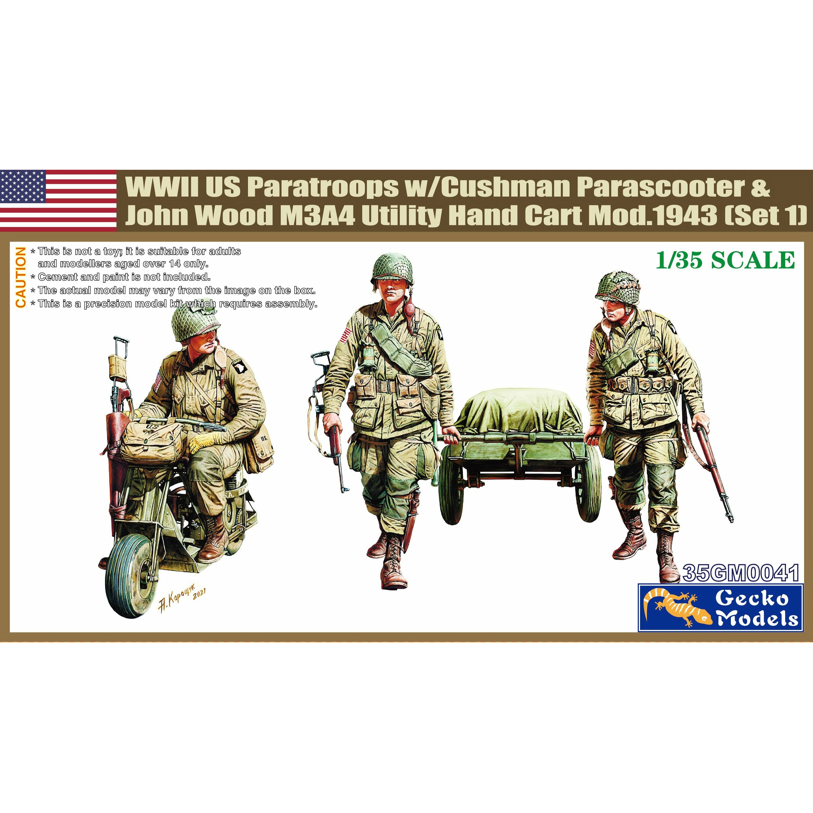 WWII US Paratroops w/Cushman Parascooter & John Wood M3A4 Utility Hand Cart MOd. 1943 (Set 1) 1/35 #0041 by Gecko Models