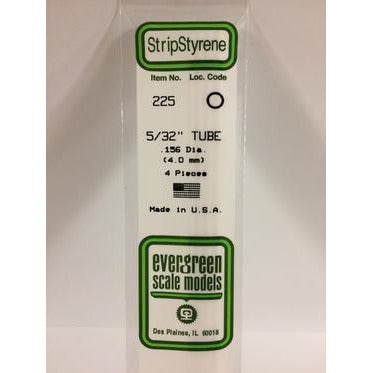 Evergreen #225 Styrene Tubes: Round 5/32" 4 pack 0.156" (4.0mm) OD x 14" (35cm)