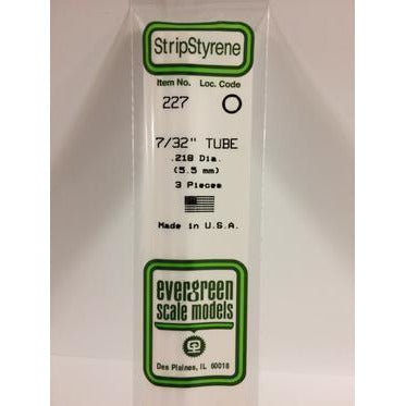 Evergreen #227 Styrene Tubes: Round 7/32" 3 pack 0.219" (5.5mm) OD x 14" (35cm)