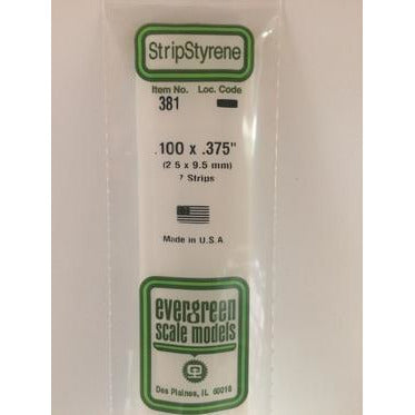 Evergreen #381 Styrene Strips: Dimensional 7 pack 0.100" (2.5mm) x 0.375" (9.5mm) x 24" (60cm)