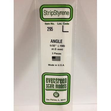 Evergreen #295 Styrene Shapes: Angle 3 pack 5/32", 0.156" (4.0mm) x 0.156" (4.0mm) x 0.023" (0.58mm) Thick