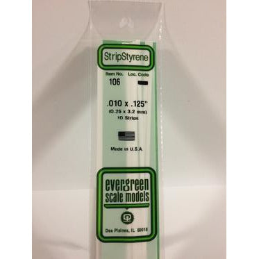 Evergreen #106 Styrene Strips: Dimensional 10 pack 0.010" (0.25mm) x 0.125" (3.2mm) x 14" (35cm)