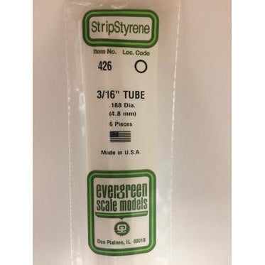 Evergreen #426 Styrene Tubes: Round 3/16" 6 pack 0.188" (4.8mm) OD x 24" (60cm)