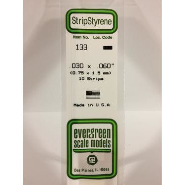 Styrene Strips: Dimensional #133 10 pack 0.030" (0.75mm) x 0.060" (1.5mm) x 14" (35cm) by Evergreen