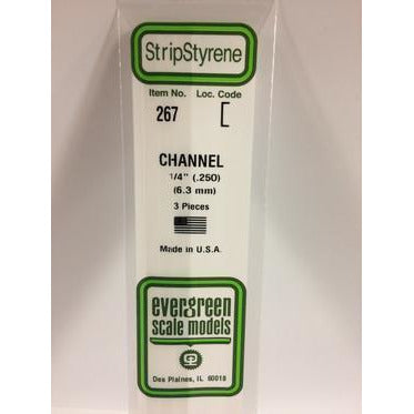 Evergreen #267 Styrene Shapes: Channel 3 pack 0.250" (6.3mm) x W: 0.250" (2.0mm) x FT: 0.018" (0.46mm) x WT: 026" (0.66mm)