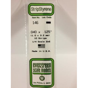 Evergreen #146 Styrene Strips: Dimensional 10 pack 0.040" (1.0mm) x 0.125" (3.2mm) x 14" (35cm)