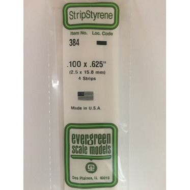 Evergreen #384 Styrene Strips: Dimensional 4 pack 0.100" (2.5mm) x 0.625" (15.8mm) x 24" (60cm)