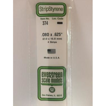 Evergreen #374 Styrene Strips: Dimensional 4 pack 0.080" (2.0mm) x 0.625" (15.8mm) x 24" (60cm)