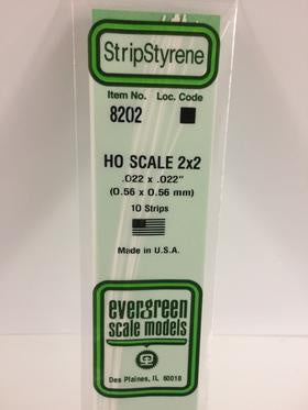 Evergreen #8202 - .022" X .022" / .6mm X .6mm Opaque White Polystyrene Ho Scale Strips (2x2)