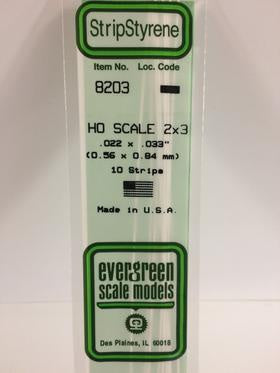 Evergreen #8203 - .022" X .033" / .6mm X .8mm Opaque White Polystyrene Ho Scale Strips (2x3)