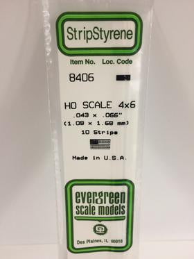 Evergreen #8406 - .043" X .066" / 1.1mm X 1.7mm Opaque White Polystyrene Ho Scale Strips (4x6)