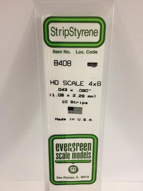 Evergreen #8408 - .043" X .090" / 1.1mm X 2.3mm Opaque White Polystyrene Ho Scale Strips (4x8)