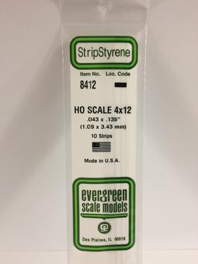 Evergreen #8412 - .043" X .135" / 1.1mm X 3.4mm Opaque White Polystyrene Ho Scale Strips (4x12)