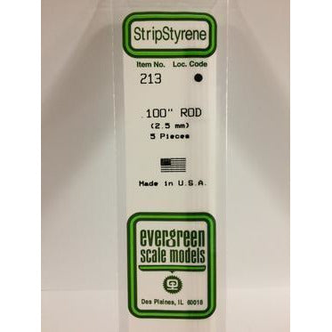 Evergreen #213 Styrene Rods: 5 pack 0.100" (2.5mm) OD x 14" (35cm)