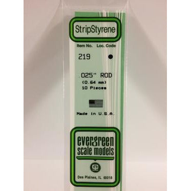 Evergreen #219 Styrene Rods: 10 pack 0.025" (0.64mm) OD x 14" (35cm)