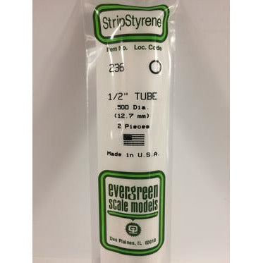 Styrene Tubes: Round #236 1/2" 2 pack 0.500" (12.7mm) OD x 14" (35cm) by Evergreen