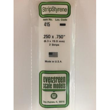 Evergreen #415 Styrene Strips: Dimensional 2 pack 0.250" (6.3mm) x 0.750" (19.0mm) x 24" (60cm)