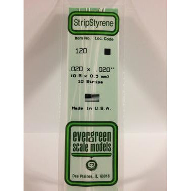 Evergreen #120 Styrene Strips: Dimensional 10 pack 0.020" (0.50mm) x 0.020" (0.50mm) x 14" (35cm)