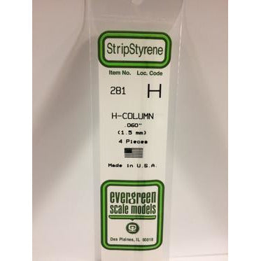 Styrene Shapes: H-Column #281 4 pack 0.060" (1.5mm) x W: 0.060" (1.5mm) x FT: 0.009" (0.22mm) x WT: 0.017" (0.43mm) by Evergreen