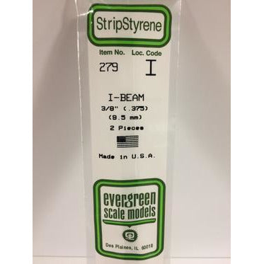 Evergreen #279 Styrene Shapes: I-Beam 2 pack 3/8" 0.375" (9.5mm) x W: 0.150" (3.8mm) x FT: 0.019" (0.48mm) x WT: 0.031" (0.49mm)