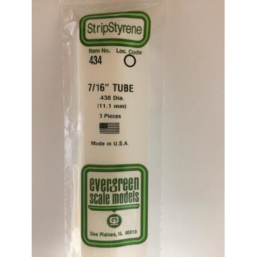 Evergreen #434 Styrene Tubes: Round 7/16" 3 pack 0.438" (11.1mm) OD x 24" (60cm)