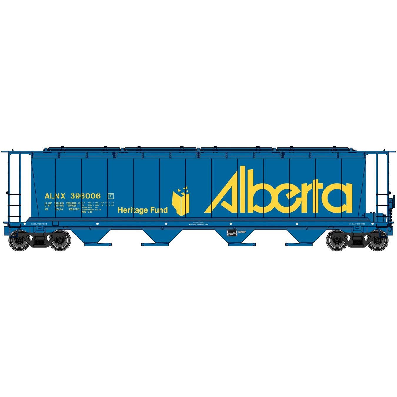 59' Cylindrical Hopper - Ready to Run -- Alberta ALNX #396006 (blue, yellow; Heritage Fund Logo, Large Name)