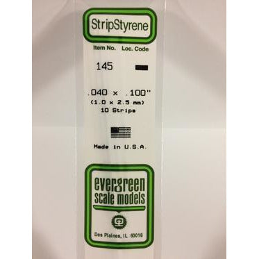 Styrene Strips: Dimensional #145 10 pack 0.040" (1.0mm) x 0.100" (2.5mm) x 14" (35cm) by Evergreen