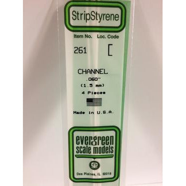 Evergreen #261 Styrene Shapes: Channel 4 pack 0 .060" (1.5mm) x W: 0.037" (0.94mm) x FT: 0.009" (0.23mm) x WT: 0.017" (0.43mm)