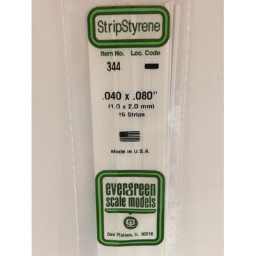 Evergreen #344 Styrene Strips: Dimensional 15 pack 0.040" (1.0mm) x 0.080" (2.0mm) X 24" (60cm)