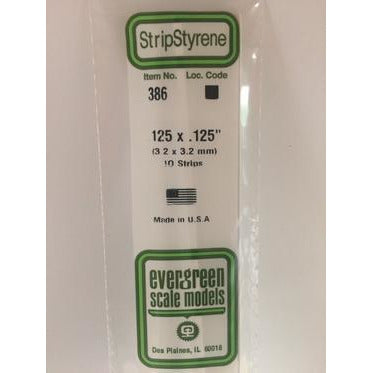 Evergreen #386 Styrene Strips: Dimensional 10 pack 0.125" (3.2mm) x 0.125" (3.2mm) x 24" (60cm)