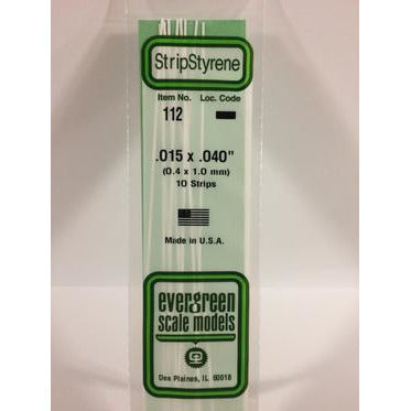 Evergreen #112 Styrene Strips: Dimensional 10 pack 0.015" (0.38mm) x 0.040" (1.0mm) x 14" (35cm)