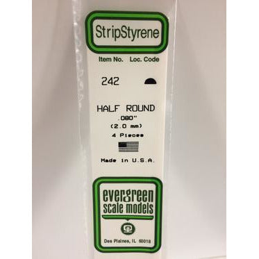 Evergreen #242 Styrene Shapes: Half Round 4 pack 0.080" (2.0mm) x 14" (35cm)