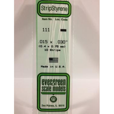 Evergreen #111 Styrene Strips: Dimensional 10 pack 0.015" (0.38mm) x 0.030" (0.75mm) x 14" (35cm)