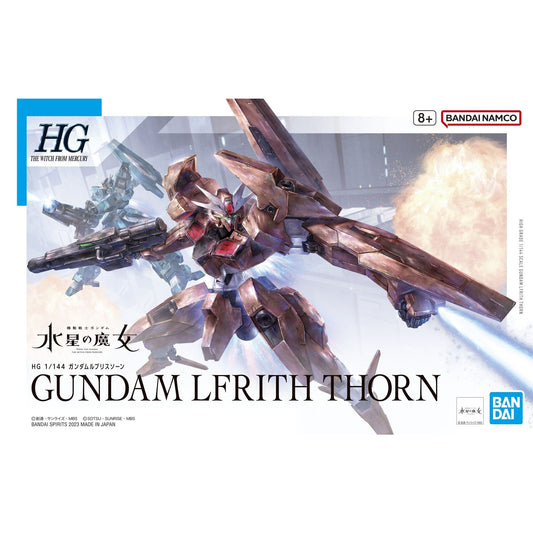 The box art of the HG Gundam Lfrith Thorn pictured with the Gundam Lfrith Ur (sold separately) during a space battle in Gundam the Witch From Mercury.